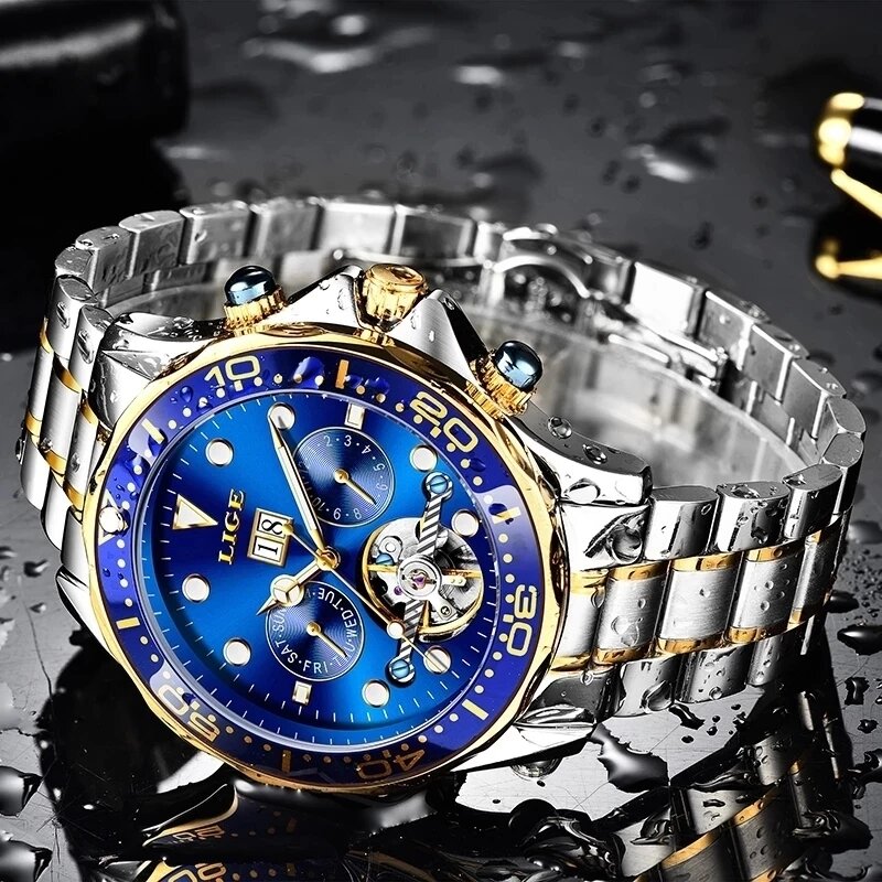 LIGE-Reloj de acero inoxidable para hombre, accesorio Masculino de pulsera resistente al agua con mecanismo automático de Tourbillon, complemento deportivo mecánico de marca lujosa de moda