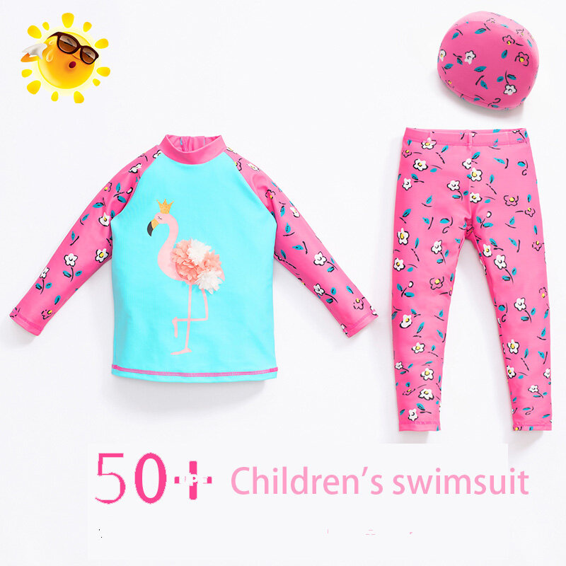 Swimwear 3-12 Y Handmade Girls Swimsuit 2022 New Flamingo Long-sleeved Hot Spring Sunscreen Quick-drying Children's Bathing Suit