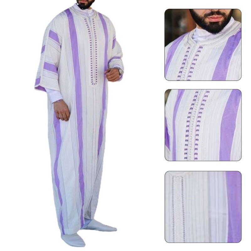Männer Lange Kleid Mode Ethnischen Stil Gestreiften Dubai Kleid Shirt für Abend Party L41B