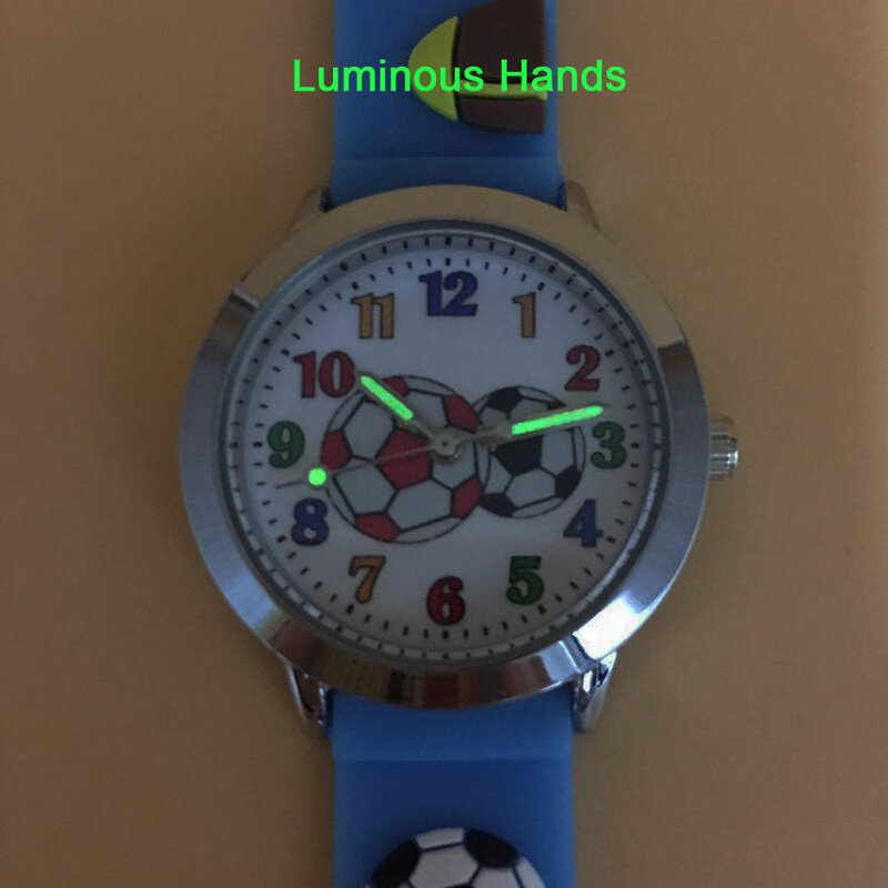 Futebol dos desenhos animados crianças relógios de quartzo analógico 3d futebol macio silicone cinta azul para meninos relógio luminoso mãos crianças relógio