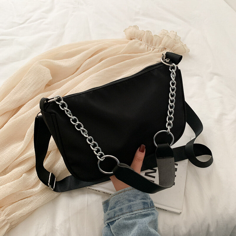 Senhoras casuais sacos crossbody saco de corrente de náilon feminino vintage preto sacos de ombro meninas rua axila saco bolsas cor sólida