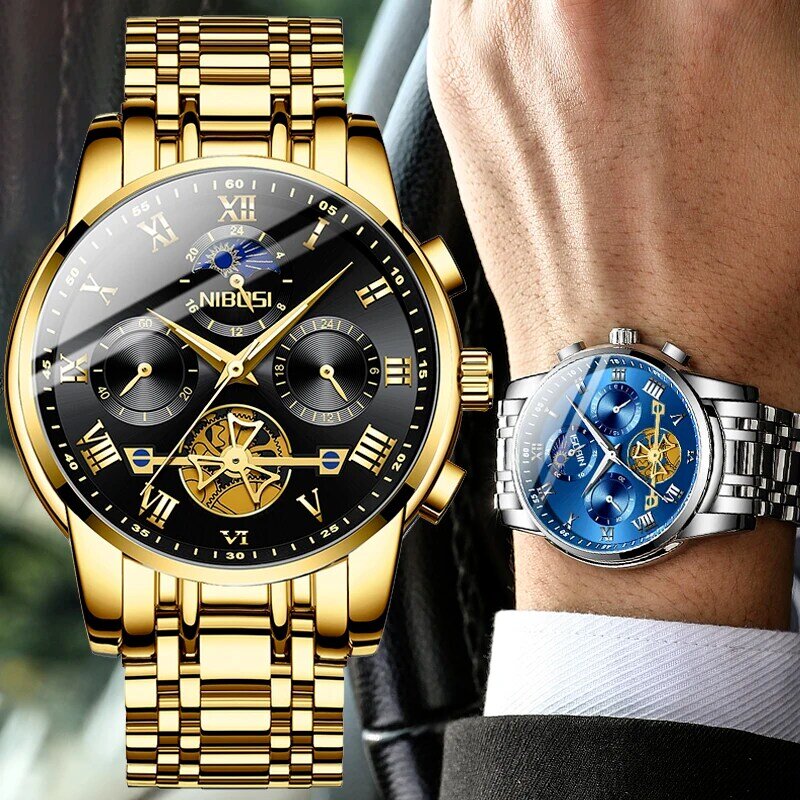 NIBOSI 2021 New Men's Chronograph Quartz Watch Waterproof Luminous Men's Watch Men's Stainless Steel Quartz Automatic Date