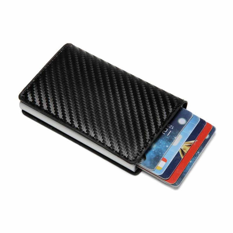 Tarjetero automático para hombre, billetera de cuero de fibra de carbono, Mini billetera de aluminio con bolsillo trasero para tarjeta de identificación, monedero con bloqueo RFID