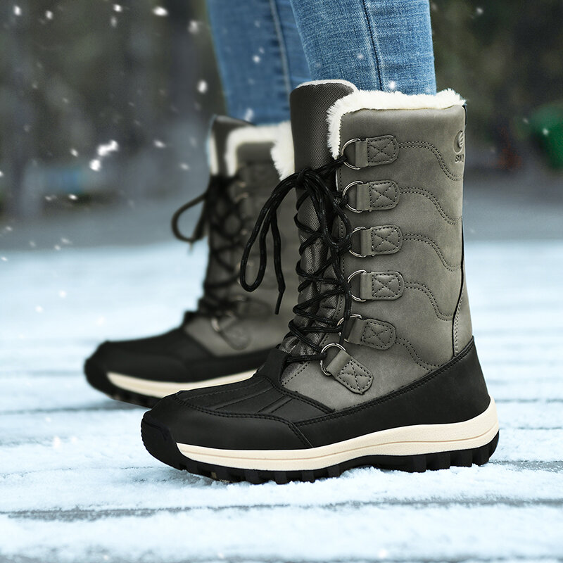 2021 Winter New Men Boots Outdoor Warm Plush Non Slip Hiking Boots Fashion Waterproof Leather High Top Casual Shoes Big Size 47