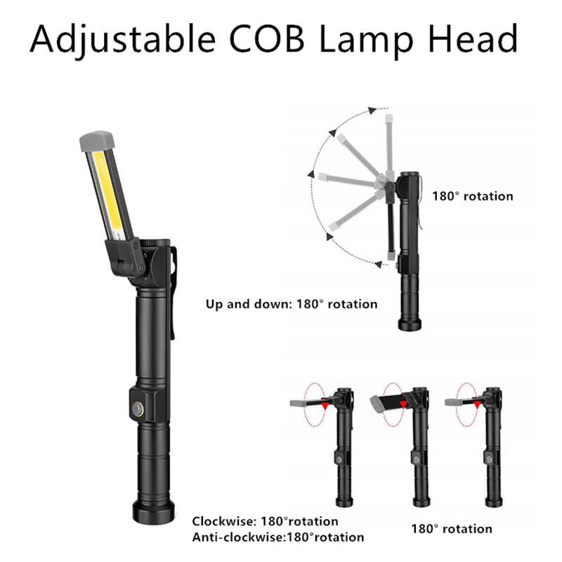 COB LED ضوء العمل 7 أوضاع الإضاءة COB مصباح يدوي 2000 التجويف قوية مع مصباح فحص المغناطيس معلقة