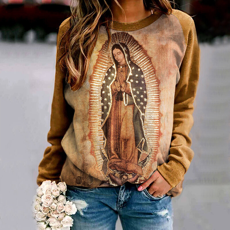 여성 원래 Guadalupe 성모 마리아 스웨터 긴 소매 탑 NYZ 숍