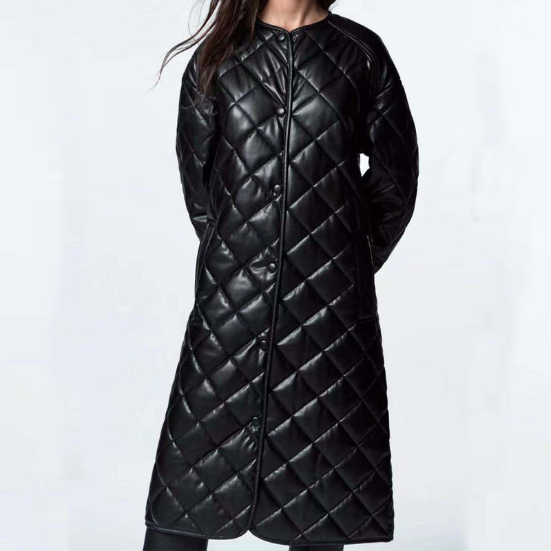 2022 Winter Vintage Warm Black Leather Coat Female Casual Loose Streetwear Long Sleeve Parkas Midi Outwear Jacket