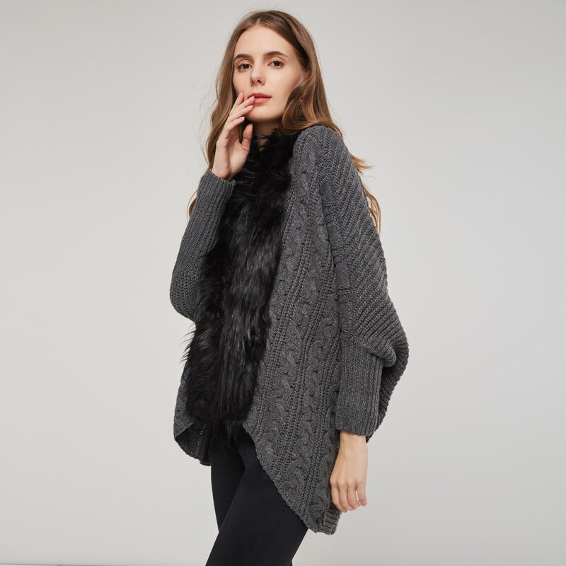 2020 de las mujeres de punto jersey tipo capa abrigo de invierno chaqueta de piel falsa cuello cálido gótico, Tops de moda de manga larga prendas de vestir exteriores