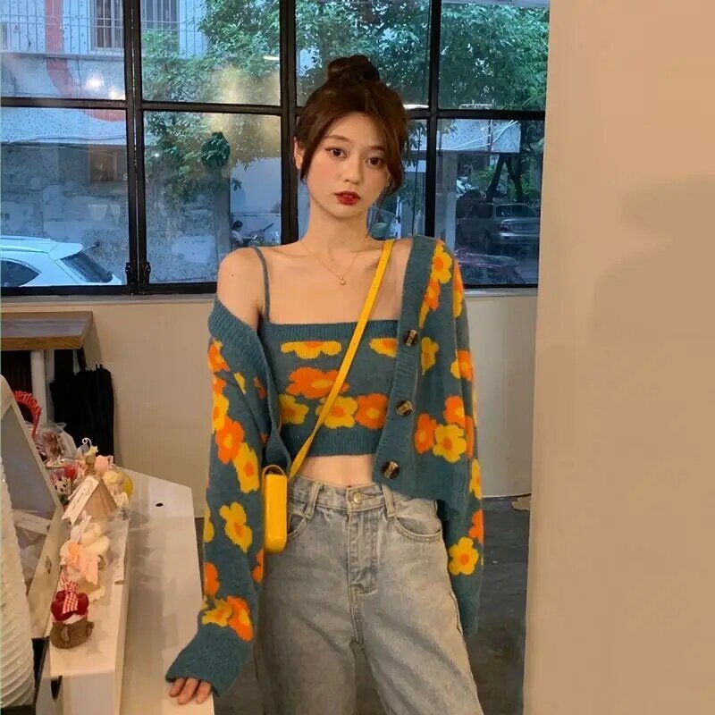 Backstrom feminino camisola recortada cardigan curto do vintage de malha suspensórios moda coreana cardigan camisola de flor cortada