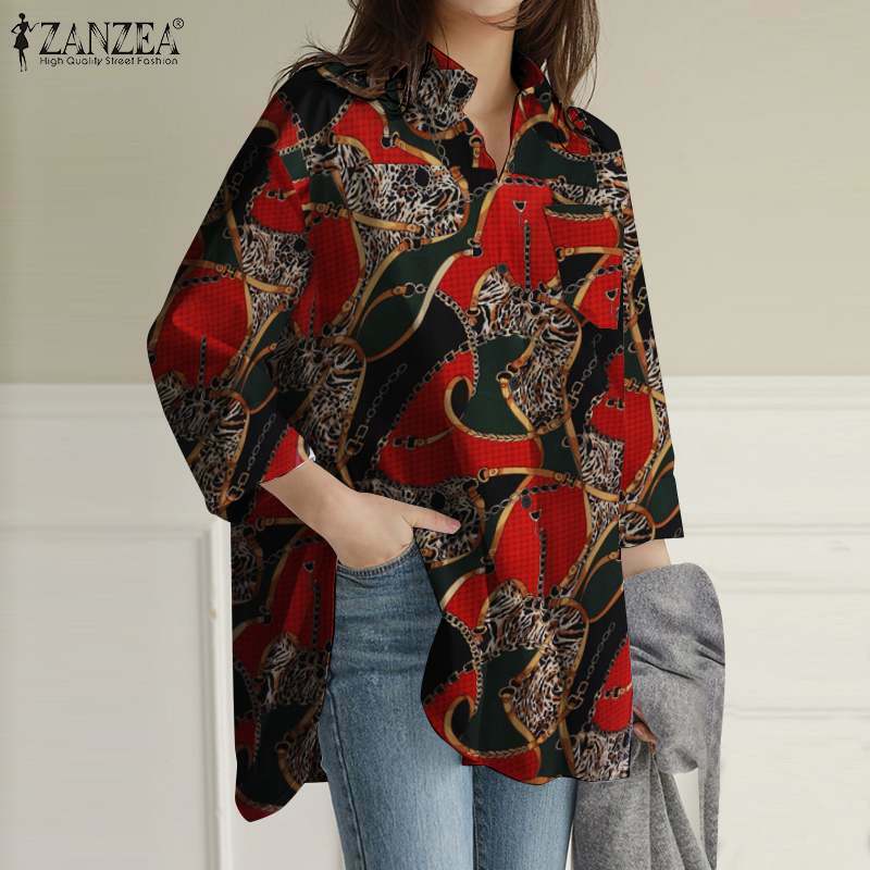 Модная Повседневная Офисная Женская блузка с принтом 2021, Весенняя туника с длинными рукавами, топ, ZANZEA, свободные блузы с отворотом, Blusa Femininas