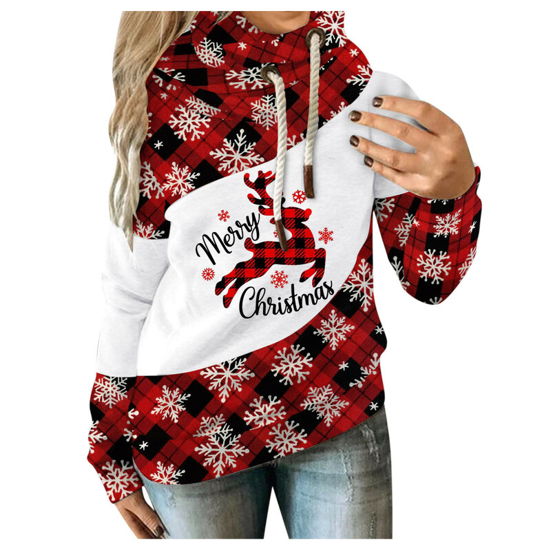 Hoodie Kasual Wanita Hoodie Sweatshirt Lengan Panjang Sambungan Kontras Cetak Natal Antik Atasan Tali Baju Musim Dingin L * 5