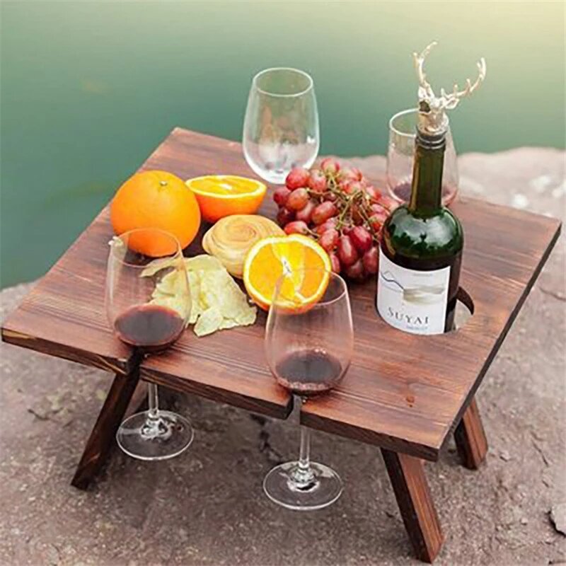 Meja Piknik Lipat Kayu Meja Rak Anggur Portabel Meja Kemah Lipat Luar Ruangan Persegi Panjang dengan Rak Kaca Meja Anggur Buah