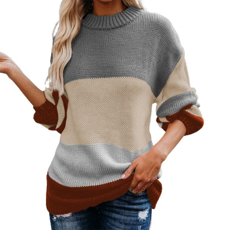 Maglione da donna affascinante Top confortevole maglione Pullover da donna con giunture a strisce in fibra acrilica per la vita quotidiana