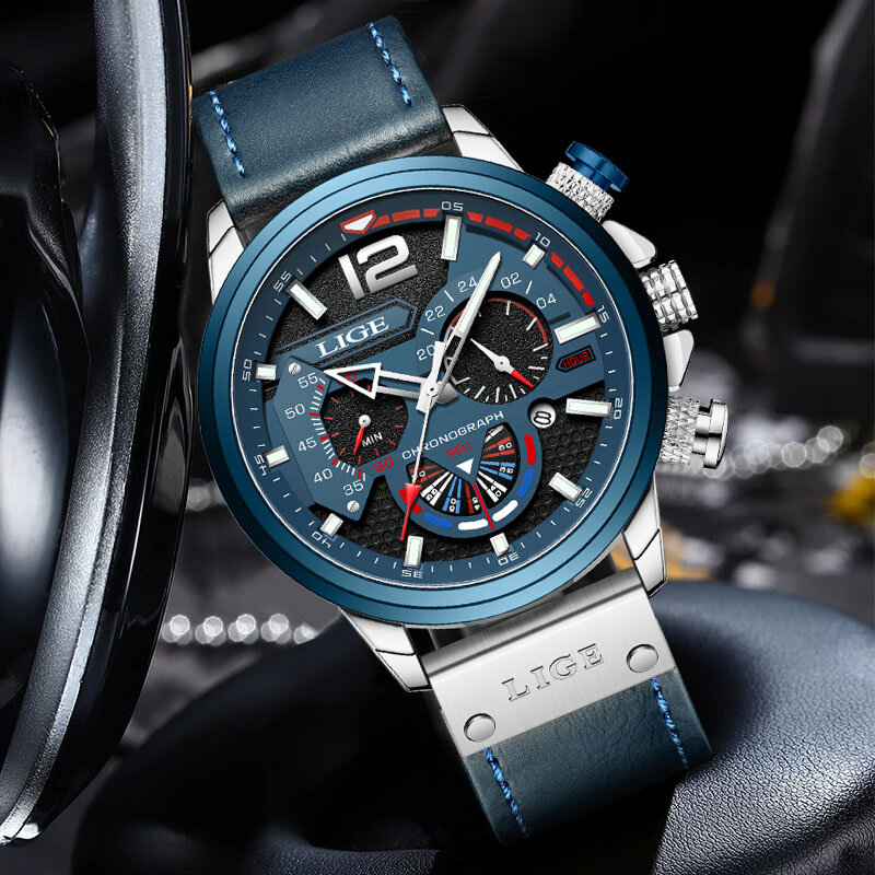 LIGE – montre de Sport en cuir pour hommes, Top bleu, marque de luxe, militaire, étanche, mode chronographe, 2022