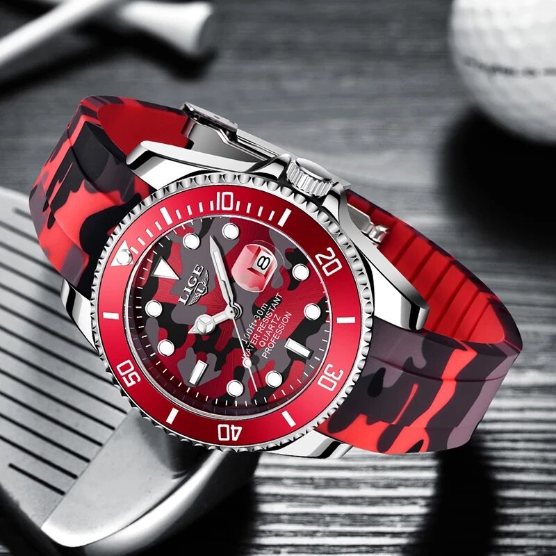 Часы наручные LIGE Мужские кварцевые, модные брендовые Роскошные спортивные с красным силиконовым ремешком, в камуфляжном стиле, 2022