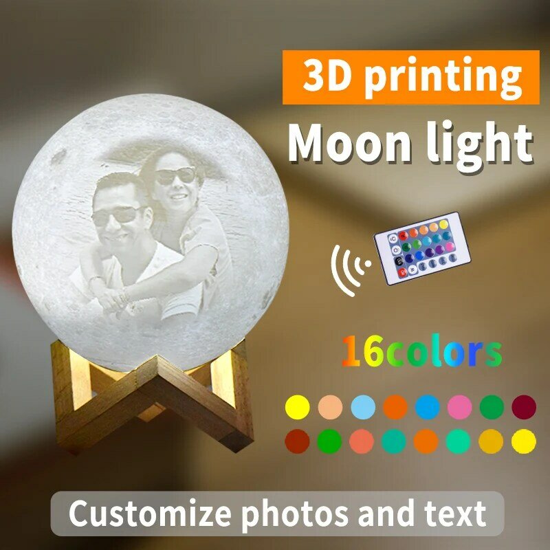 Lâmpada de lua personalizada, foto/texto, presentes para crianças esposa, luz noturna led, carregamento usb, controle de toque, lâmpada lua de 2/16 cores