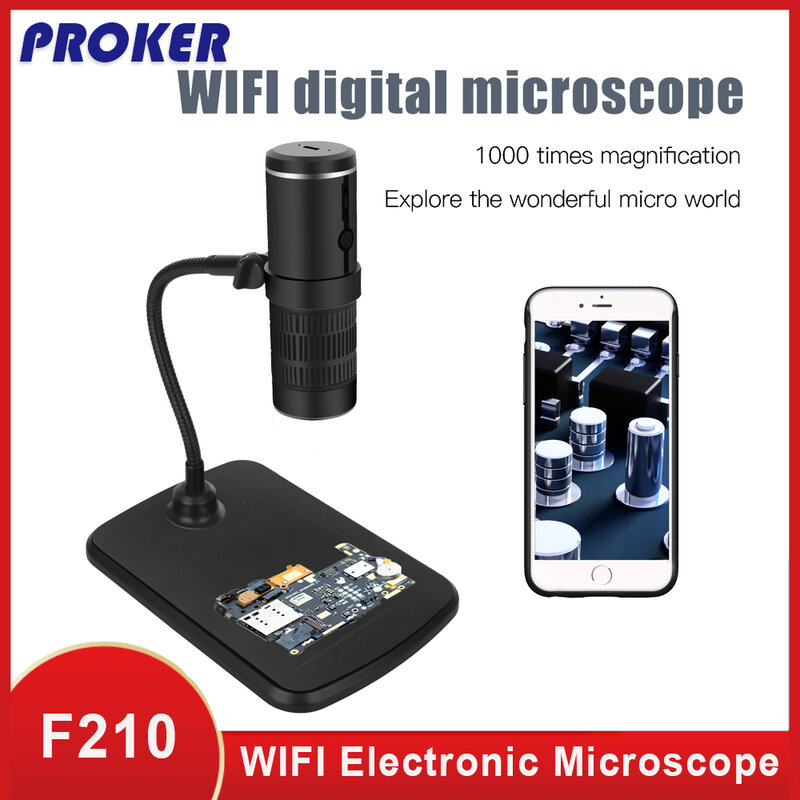 Microscópio eletrônico industrial de wifi 2 milhões de hd digital telefone celular 50-1000x lupa com tubo flexível snakelike f210