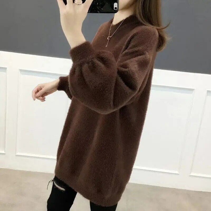 Damski jednolity pulower sweter jesienno-zimowy koreański leniwy styl luźny pluszowy dorywczo z długim rękawem ubrania z okrągłym dekoltem