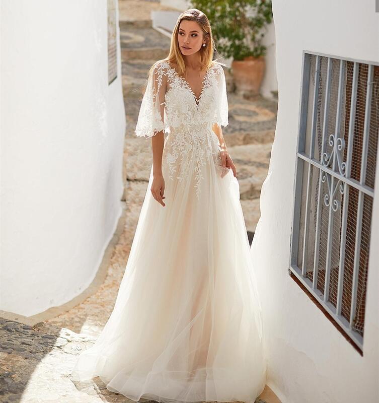 RODDRSYA Spaghetti Straps Wedding Dress With Detachable Sleeves Appliques  V-Neck Bride Ball Gown Tulle A-Line vestido noiva boho - AliExpress