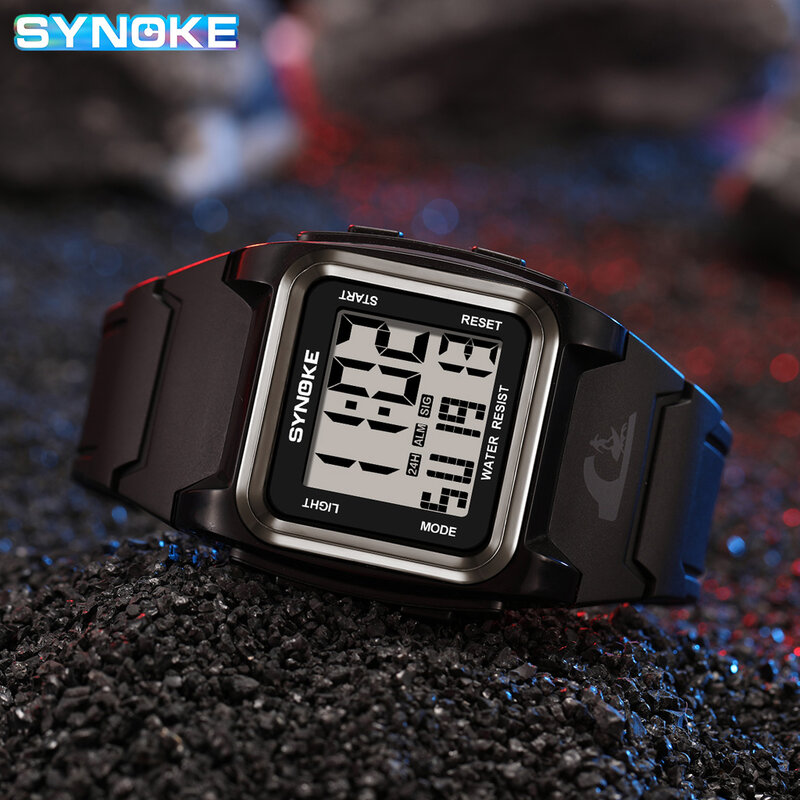 Synoke-メンズデジタルスポーツウォッチ,大型時計,耐水性,アラーム,多機能,男性