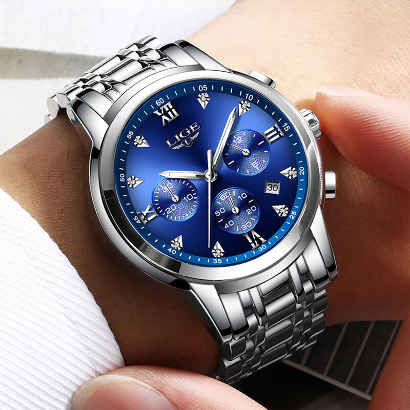 Relogio masculino 2020 lige nova moda casual relógios masculinos diamante dial relógio de quartzo homem negócios aço completo relógio à prova dwaterproof água