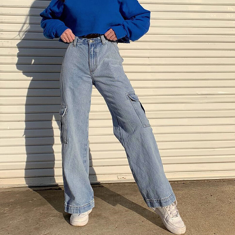 DIFIUPAI Jeans Wanita Celana Denim Baggy Lurus Saku Besar Celana Panjang Wanita Lebar Pinggang Tinggi Celana Kargo Longgar Kasual Celana Panjang