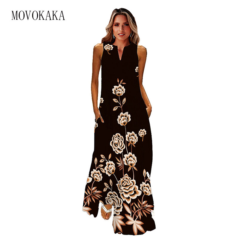 Movokaka 2022 preto longo vestido feminino verão praia sem mangas casual floral imprimir solto casual vestidos de férias para mulher
