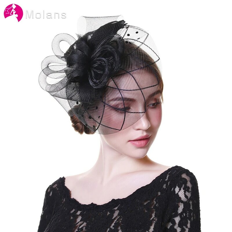 Sombrero Molans para mujer, tocado de flores, cinta de malla, plumas, diadema o Clip, accesorios para el cabello de novia