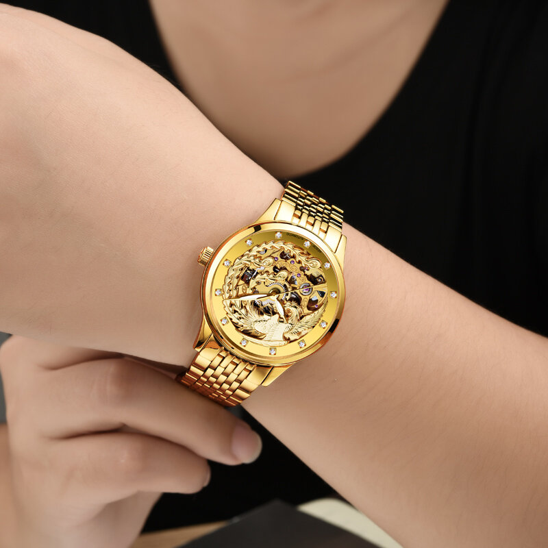 Reloj de pulsera con esqueleto dorado para mujer, Tourbillon, cristal de zafiro mecánico automático, reloj femenino