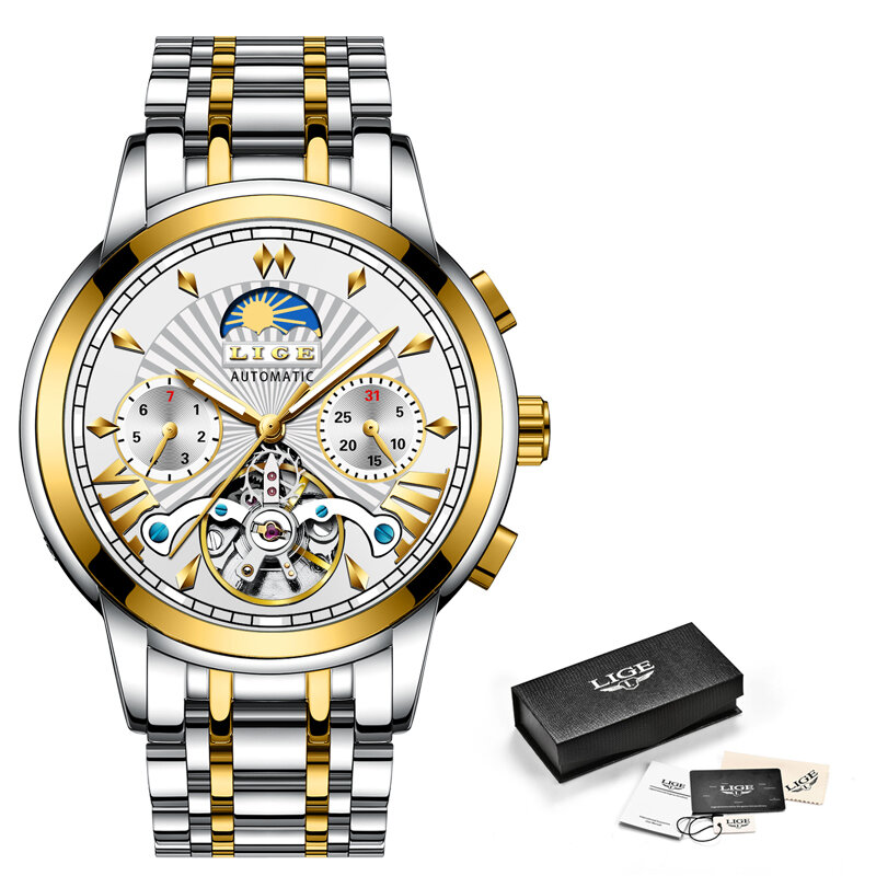 トゥールビヨンは、男性のためのligeトップブランドの高級スポーツステンレス鋼のメンズ防水時計ファッション男性機械式腕時計