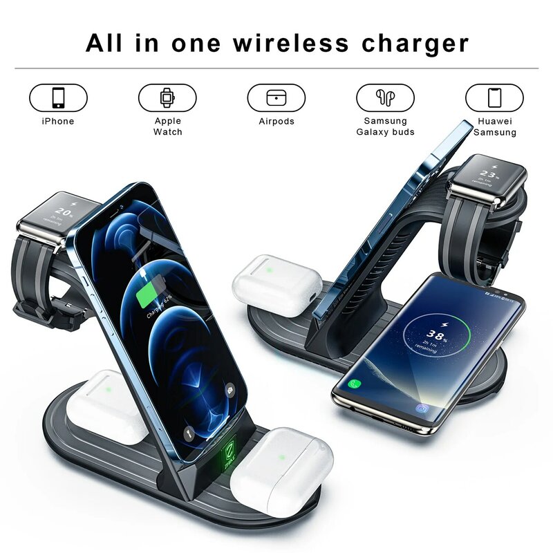 Chargeur sans fil, Station de charge rapide 4 en 1 pour Apple Watch série 6/5/4/3, iPhone 12/11 Pro Max/SE/XS/XR/8 Plus/AirPods 2/1