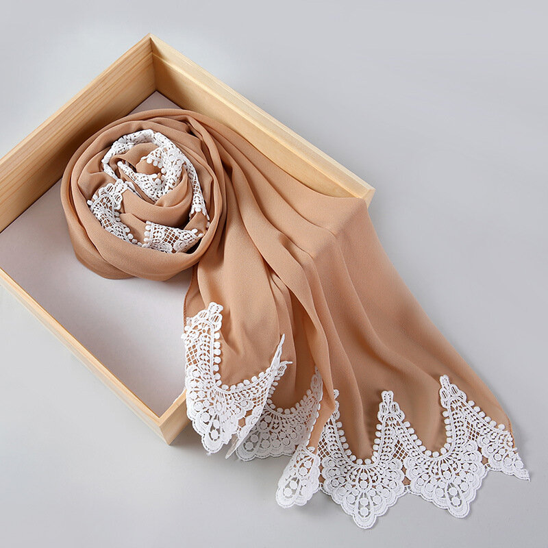 Bufanda de gasa con perlas de burbujas para mujer, de encaje bordado Hijab, pañuelo de cuadros musulmán, chal, diadema de moda, 175x75cm
