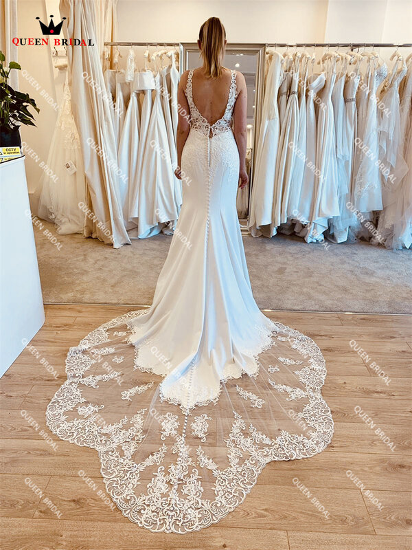 Einfache Brautkleider Meerjungfrau V-ausschnitt Open Back Satin Tüll Spitze Appliques Elegante Sexy Braut Kleid Nach Maß DE47