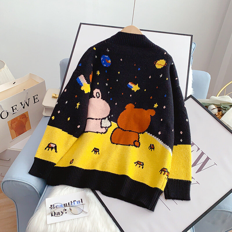 EBAIHUI Women's Sweater Cartoon Rabbit Bear Print V Neck Cardigan Preppy Style Coat Korean Fashion Loose  Knitted Jackets