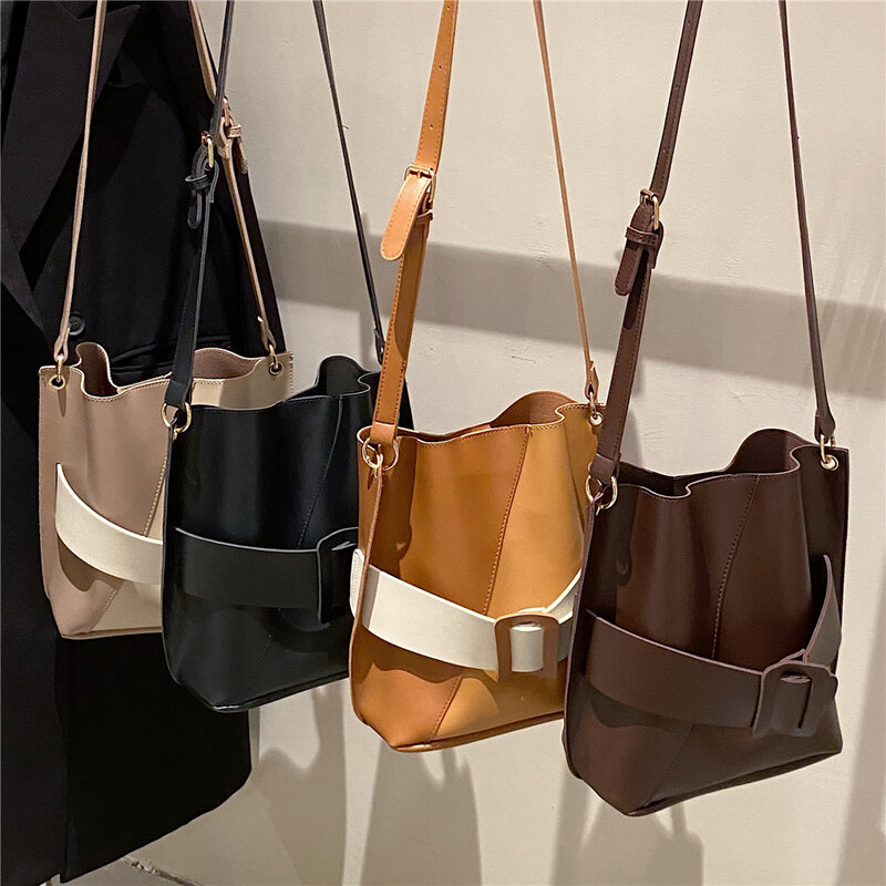 Trendy Vintage Contrast Color Bucket Crossbody Shoulder Bags For Women Brand Designer Large Capacity Ladies Handbags Winter 2022