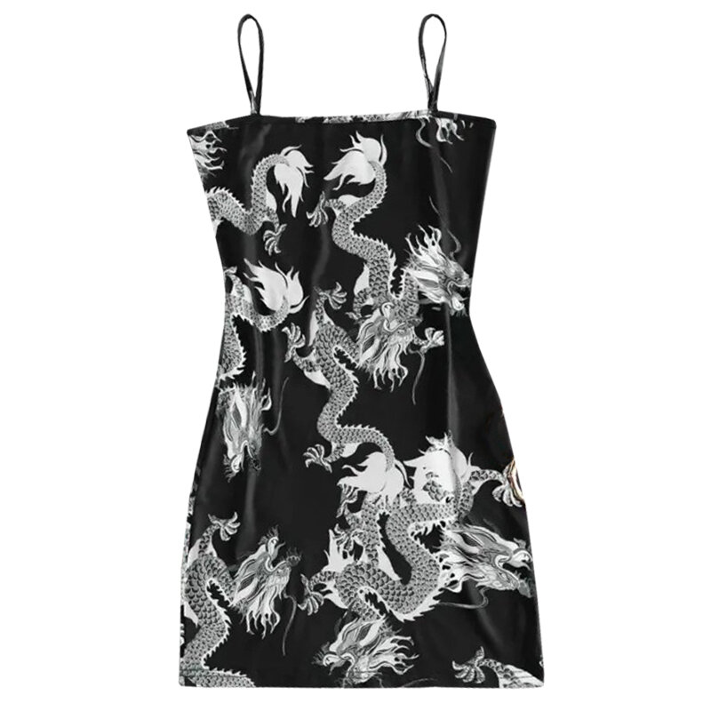 2021 New Summer Women Dragon Pattern senza maniche Split Hip Slim Fit Sexy Print Dress сарафаны лелетние motel rocks