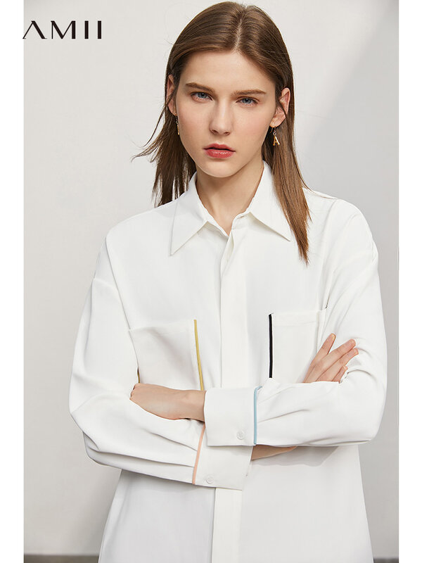 Amii minimalismo primavera estate nuova camicia da donna moda Patchwork colletto rovesciato tasca allentata camicetta da donna top 12140328