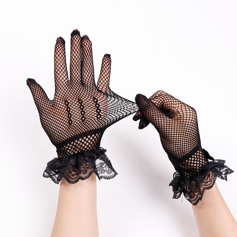 Rękawiczki z siatki damskie cienkie cięcie Sexy czarne koronkowe eleganckie spektakl taneczny ochrona przed słońcem wiosną i latem