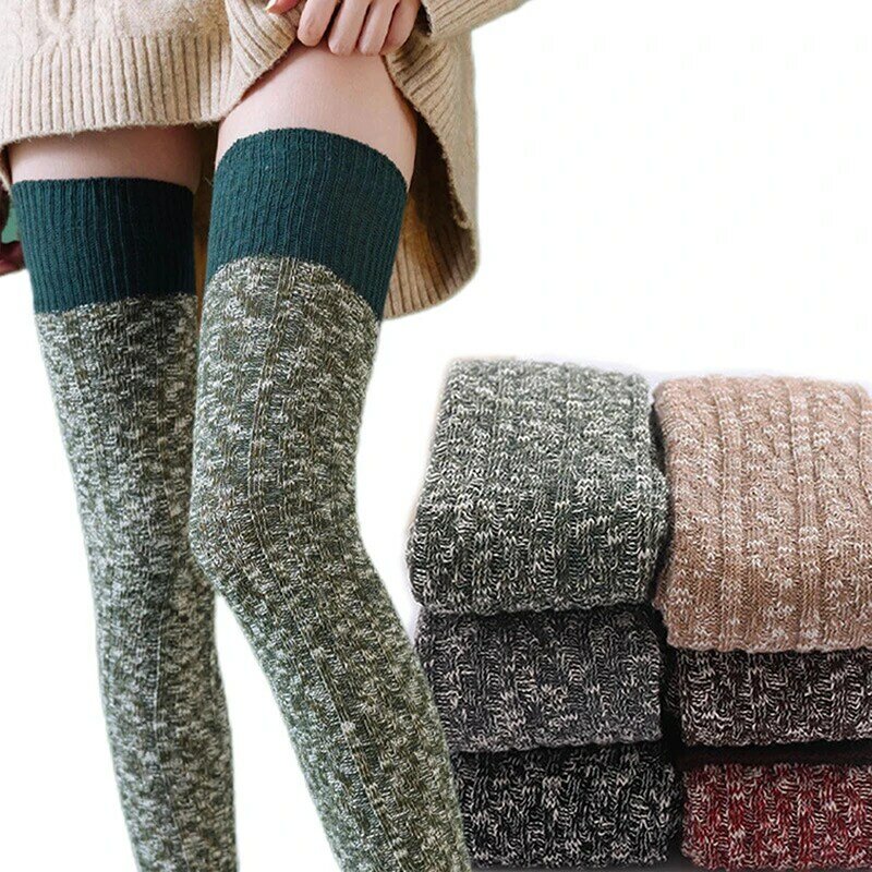 Female Knee-High Socks Contrast Color Long Tube Socks Knitted Stocking for Autumn Winter Warm Socks Knee Socks