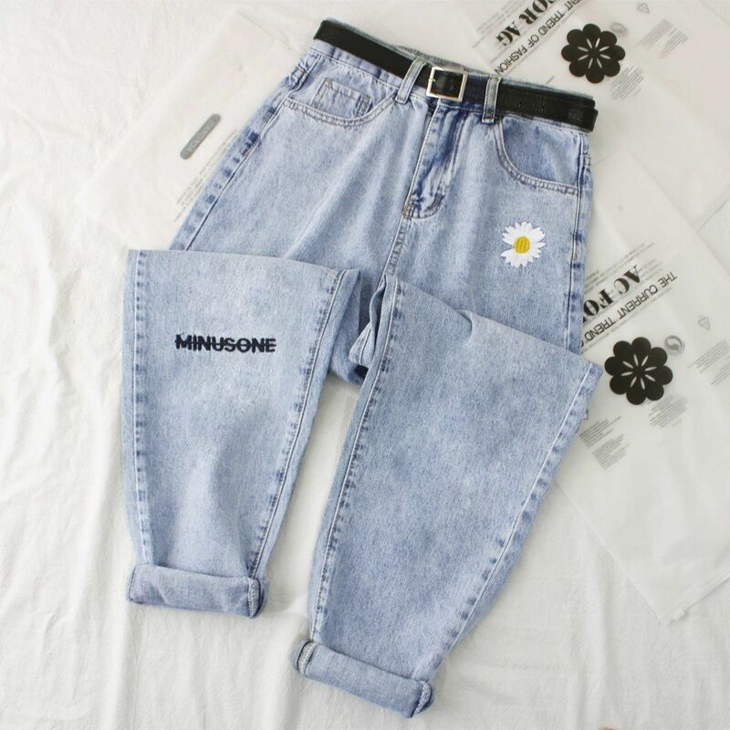Margarida bordado denim jeans jeans feminino de cintura alta plus size denim harem calças mujer vintage casual jeans em linha reta