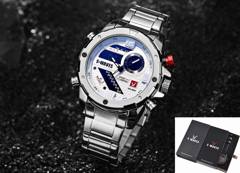 S waves męskie zegarki z pudełkiem podwójny wyświetlacz wodoodporny wojskowy zegarek ze stali nierdzewnej mężczyźni luksusowe cyfrowy analogowy Relogios Masculino