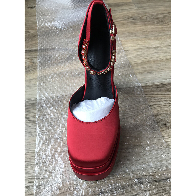 Sandalias de tacón alto grueso para mujer, zapatos sexys con plataforma, color negro, rojo y amarillo, para fiesta y boda, de verano, nueva marca