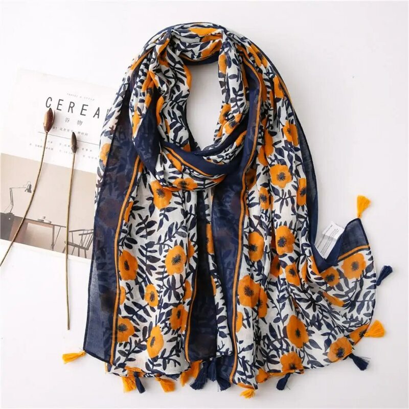Women Boho Leaves Floral Print Anti UV Tassel Neck Scarf Head Wrap Hijab Shawl Stop The Flying Spit Respirator for Summer