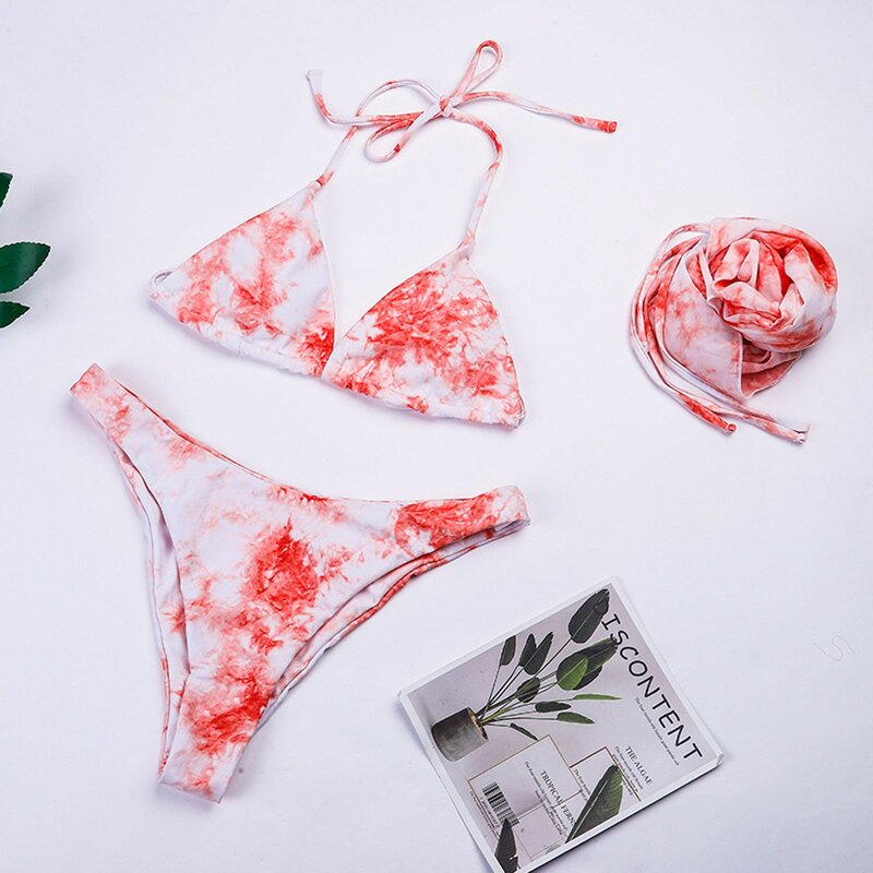 Conjunto de Bikini brasileño con estampado Tie-dye para mujer, traje de baño de 3 piezas con sujetador de cordones, Microbikini Sexy, Tong y playero
