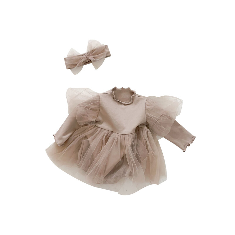 Yg 브랜드 아동복, 2021 새로운 버블 슬리브 아기 드레스, 긴 소매 사랑스러운 공주 치마, 0-2 세 아기 의류