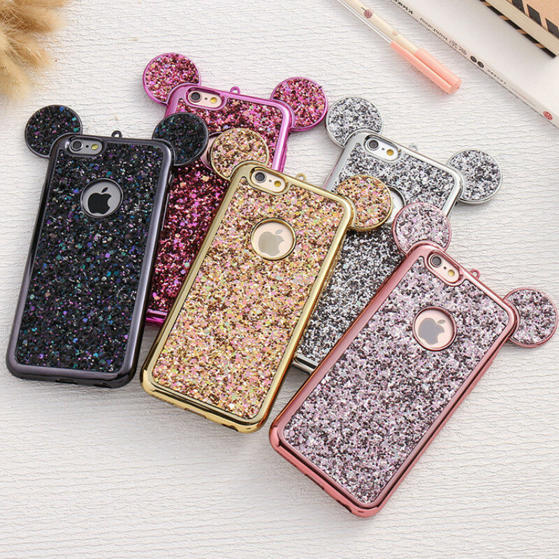For iPhone X XS MAX XR 6 6S 7 8 Plus Cartoon Mouse Ears Case For Samsung Galaxy S6 S7 Edge S8 S9 Plus Bling Glitter Cover