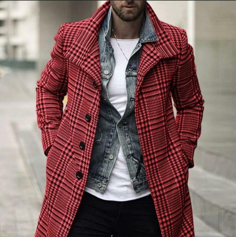 Moda xadrez casacos de lã homens outono inverno nova turn-down collar casaco de comprimento médio dos homens casaco e jaqueta