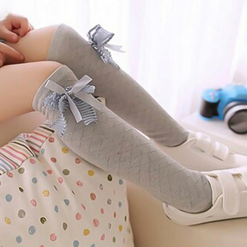 Neue In 2021 Lange Socken Bowknot Dekor Schöne Baumwolle Einfarbig Hohe Knie Strumpf für Frühling