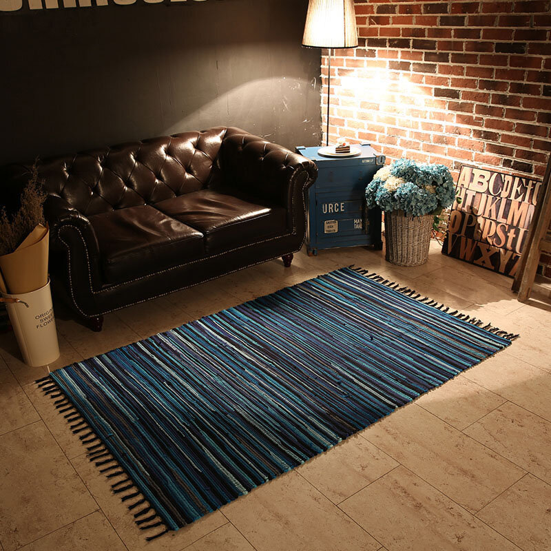 Katun dan Linen Modern Minimalis Ruang Tamu Kamar Tidur Karpet Dapur Strip Tangan Tenun Cocok Lantai Mat Penyerap Kaki Pad