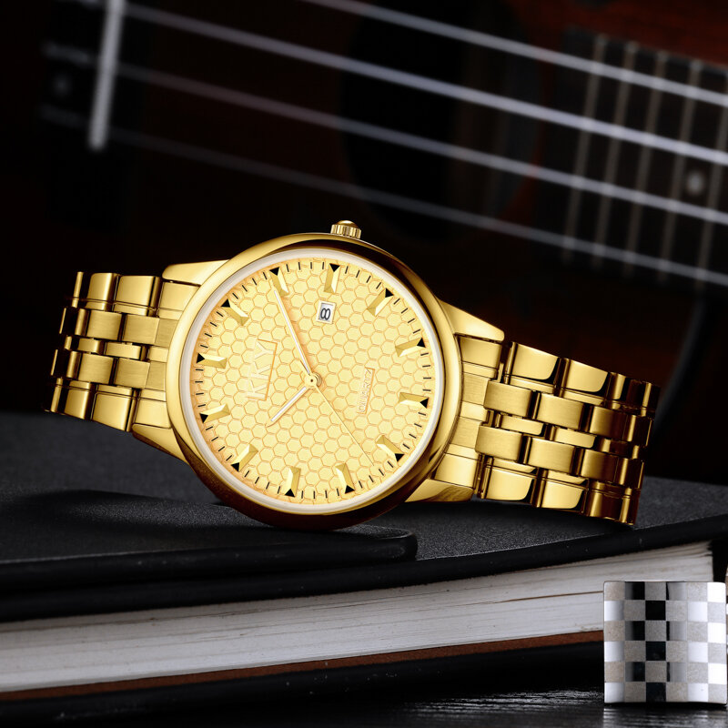 Kky relógio de pulso masculino/feminino, relógio dourado de luxo à prova d'água para casal, relógio de pulso casual e estiloso para amantes, 2021